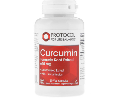 Куркумин, экстракт корня куркумы, Curcumin Turmeric, Protocol for Life Balance, 665 мг, 60 вегетарианских капсул