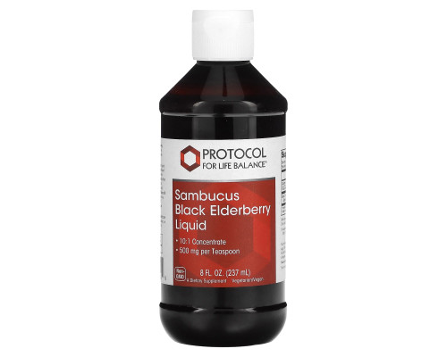 Черная бузина, Sambucus Black Elderberry Liquid, Protocol for Life Balance, жидкий концентрат, веган, 500 мг, 237 мл
