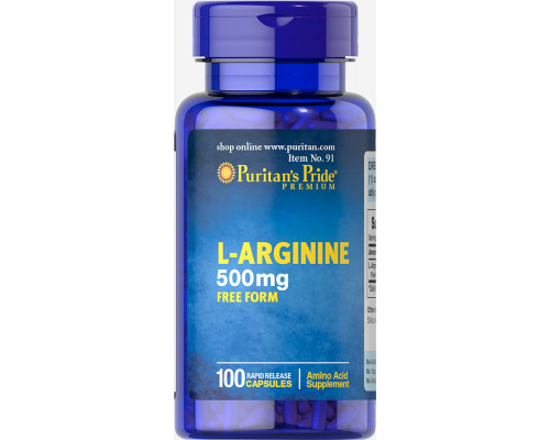 L-аргинин, L-Arginine, Puritan's Pride, 500 мг, 100 капсул
