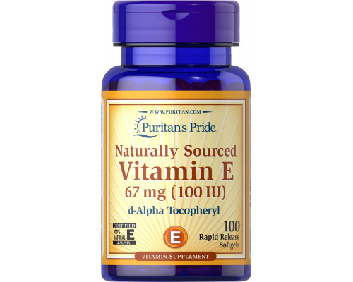 Витамин Е, Natural Vitamin E, Puritan's Pride, 67 мг (100 МЕ), 100% натурального происхождения, 100 гелевых капсул