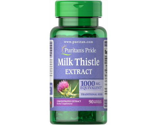 Расторопша, Milk Thistle 4:1 (Silymarin), Puritan's Pride, 1000 мг, 90 капсул