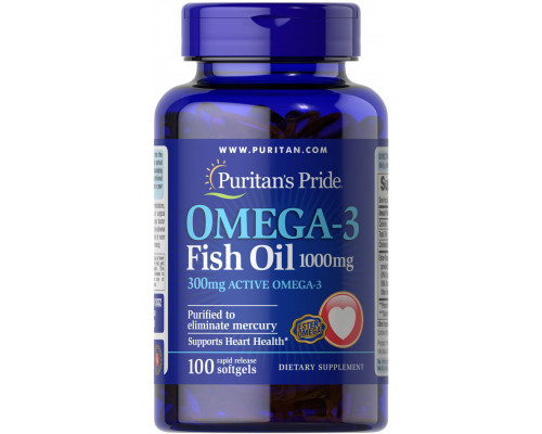 Омега-3 рыбий жир, Omega-3 Fish Oil, Puritan's Pride, 1000 мг, 300 мг активного, 100 капсул