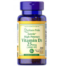 Витамин D3, Vitamin D3, Puritan's Pride, 25 мкг (1000 МО), 200 гелевых капсул