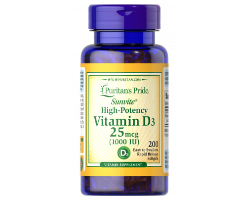 Витамин D3, Vitamin D3, Puritan's Pride, 25 мкг (1000 МО), 200 гелевых капсул