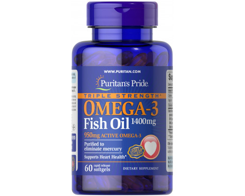 Омега-3 рыбий жир, Omega-3 Fish Oil, Puritan's Pride, 1400 мг (950 мг активного омега-3), 60 гелевых капсул
