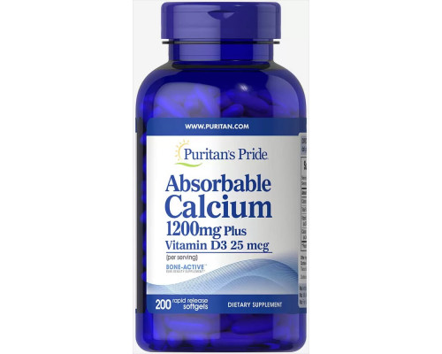 Кальций и витамин D3, Absorbable Calcium with Vitamin D3, Puritan's Pride, 1200 мг/1000 МЕ, 200 гелевых капсул