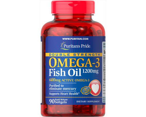 Омега-3 рыбий жир, Omega-3 Fish Oil, Puritan's Pride, двойная сила, 1200/600 мг, 90 капсул