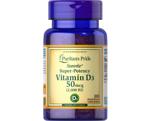 Витамин D3, Vitamin D3, Puritan's Pride, 2000 МЕ, 100 кгелевых апсул