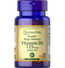 Витамин D3, Vitamin D3, Puritan's Pride, 5000 МЕ, 100 гелевых капсул