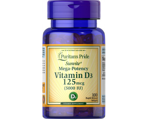 Витамин D3, Vitamin D3, Puritan's Pride, 5000 МЕ, 100 гелевых капсул