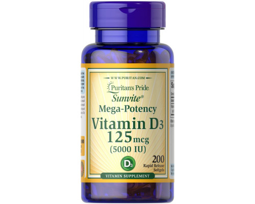 Витамин D3, Vitamin D3, Puritan's Pride, 125 мкг (5000 МЕ), 200 капсул