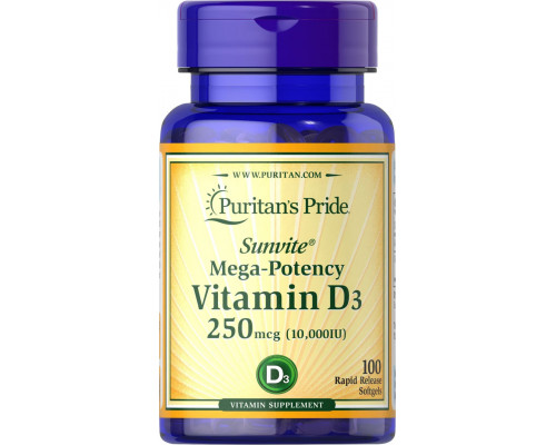 Витамин D3, Vitamin D3, Puritan's Pride, 250 мкг (10 000 МЕ), 100 капсул
