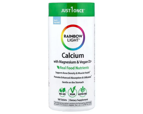 Кальций с магнием и веганским витамином D3+, Calcium with Magnesium & Vegan D3+, Rainbow Light, 2:1, 180 таблеток