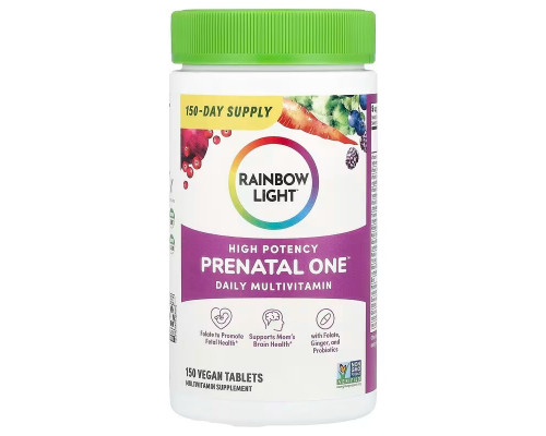 Витамины для беременных, Prenatal One, Rainbow Light, ежедневный мультивитаминный комплекс, высокой эффективности, 150 веганских таблеток