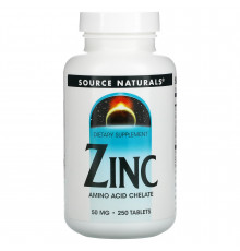 Цинк хелат, Zinc, Source Naturals, 50 мг, 250 таблеток