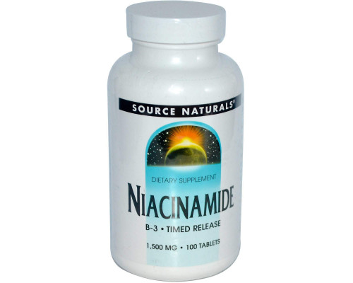 Ниацинамид (В3), Niacinamide, B-3, Source Naturals, 1500 мг, 100 таб.