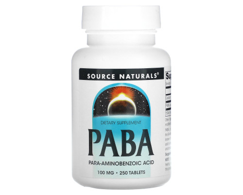ПАБК (пара-аминобензойная кислота), PABA, Source Naturals, 100 мг, 250 таблеток