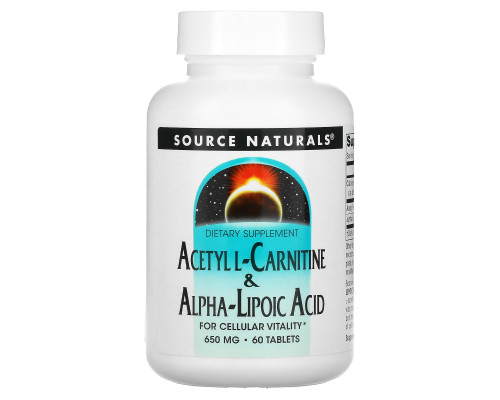 Ацетил карнитин + альфа-липоевая кислота, Acetyl L-Carnitine & Alpha Lipoic Acid, Source Naturals, 650 мг, 60 таблеток