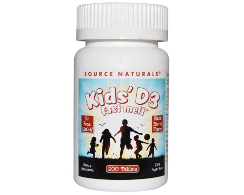 Витамин D3 для детей, Kids' D3, Source Naturals, быстрорастворимые, вкус ягод, 200 таб.