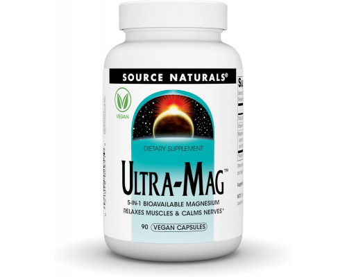 Магний ультра, Ultra-Mag, Source Naturals, 5-в-1, расслабляет мышцы и успокаивает нервы, 90 веганских капсул
