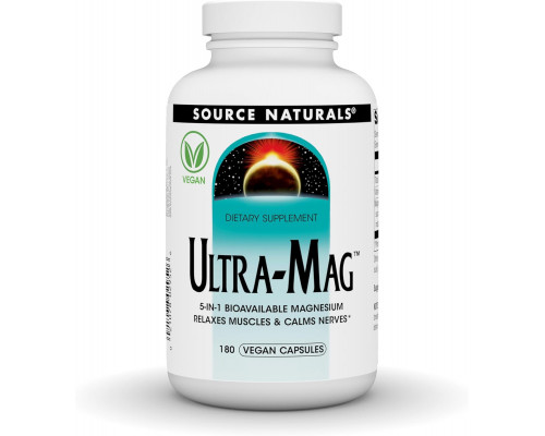 Магний ультра, Ultra-Mag, Source Naturals, 5-в-1, расслабляет мышцы и успокаивает нервы, 180 веганских капсул