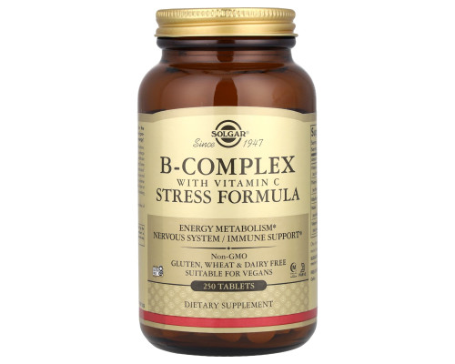 Комплекс витаминов В + С, B-Complex with Vitamin C, Solgar, стресс формула, 250 таблеток