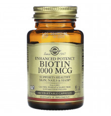 Биотин, Biotin, Solgar, 1000 мкг, повышенной эффективности, 100 вегетарианских капсул