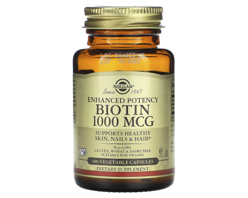 Биотин, Biotin, Solgar, 1000 мкг, повышенной эффективности, 100 вегетарианских капсул