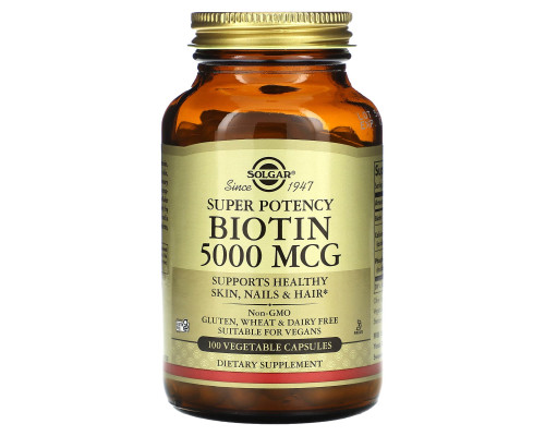 Биотин, Biotin, Solgar, 5000 мкг, 100 растительных капсул