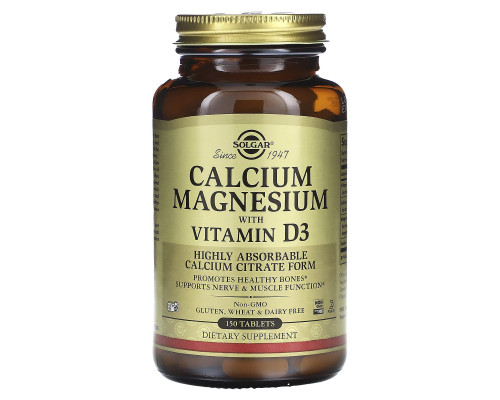 Кальций и магний с витамином D3, Calcium Magnesium D3, Solgar, 150 таблеток