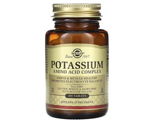 Калий, Potassium, Solgar, аминокислотный комплекс, 100 таблеток
