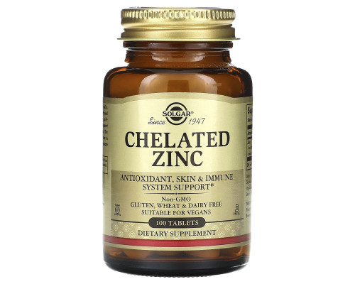 Хелат цинка, Chelated Zinc, Solgar, 100 таблеток