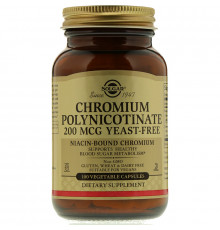 Хром полиникотинат, Chromium Polynicotinate, Solgar, без дрожжей, 200 мкг, 100 вегетарианских капсул
