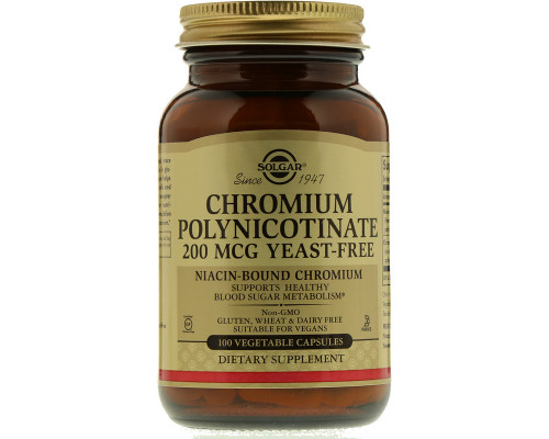 Хром полиникотинат, Chromium Polynicotinate, Solgar, без дрожжей, 200 мкг, 100 вегетарианских капсул