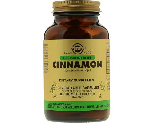 Экстракт корицы, Cinnamon, Solgar, Full Potency Herbs, 100 вегетарианских капсул