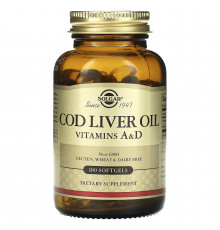 Витамин А и  D из масла печени трески, Cod Liver Oil, Vitamins A & D, Solgar, 100 гелеввых капсул