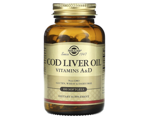 Витамин А и  D из масла печени трески, Cod Liver Oil, Vitamins A & D, Solgar, 100 гелеввых капсул