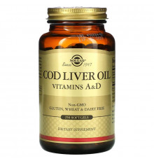 Витамин А и D из масла печени трески, Cod Liver Oil, Vitamins A & D, Solgar, 250 гелевых капсул