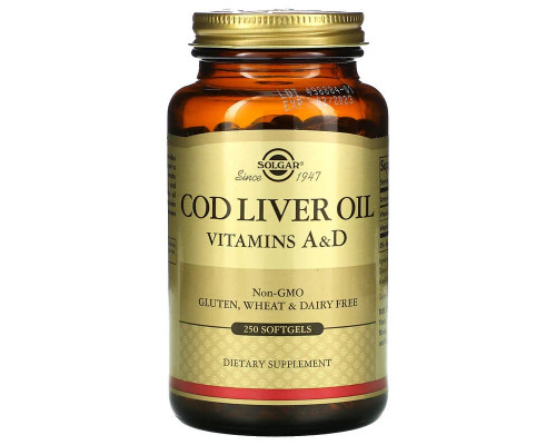 Витамин А и D из масла печени трески, Cod Liver Oil, Vitamins A & D, Solgar, 250 гелевых капсул
