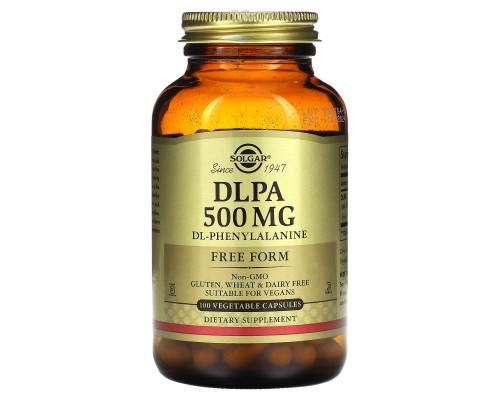 DL-Фенилаланин, DLPA, Solgar, свободная форма, 500 мг, 100 вегетарианских капсул
