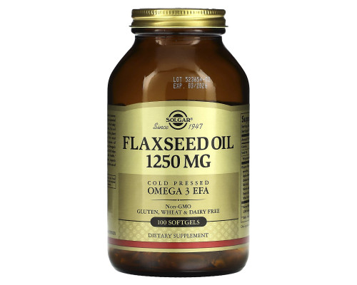 Льняное масло, Flaxseed Oil, Solgar, 1250 мкг, 100 гелевых капсул