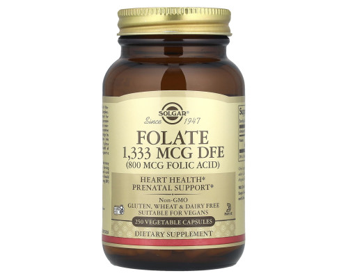 Фолат, Folate, Solgar, фолиевая кислота, 1333 мкг DFE, 250  вегетарианских капсул