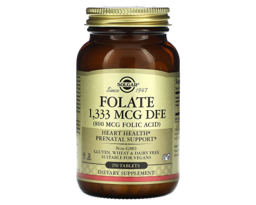 Фолат, Folate, Solgar, фолиевая кислота, 1,333 мкг DFE (800 мкг), 250 таблеток