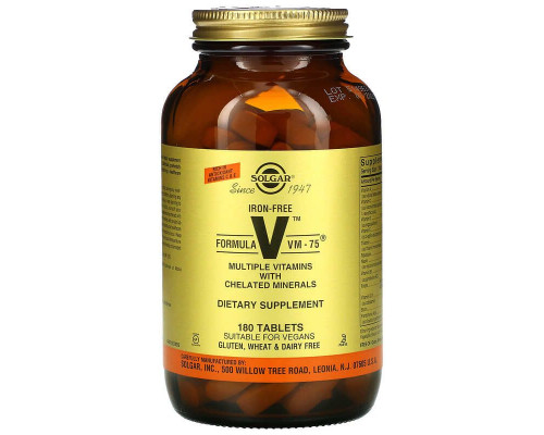 Мультивитамины и хелатные минералы без железа, Formula V, VM-75, Solgar, 180 таблеток