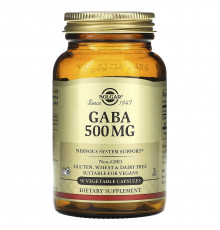 ГАМК, Гамма-аминомасляная кислота, GABA, Solgar, 500 мг, 50 растительных капсул