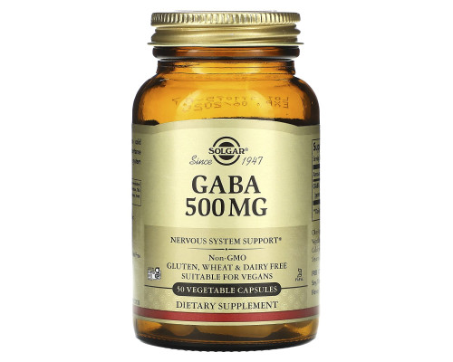 ГАМК, Гамма-аминомасляная кислота, GABA, Solgar, 500 мг, 50 растительных капсул