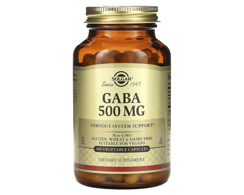 ГАМК, Гамма-аминомасляная кислота, GABA, Solgar, 500 мг, 100 растительных капсул