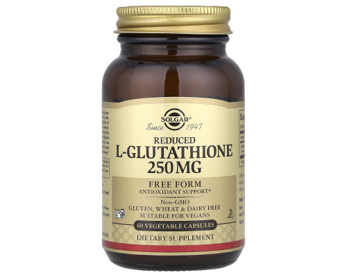Глутатион, L-Glutathione, Solgar, пониженный, 250 мг, 60 растительных капсул