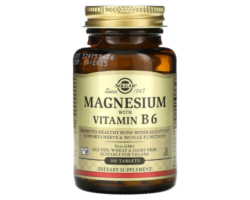 Магний с витамином В-6, Magnesium with Vitamin B6, Solgar, 100 таблеток