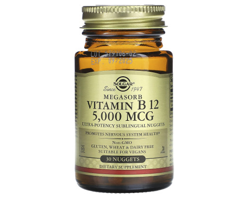 Вітамін В12 (ціанокобаламін), Vitamin B12, Solgar, сублінгвальний, 5000 мкг, 30 таблеток